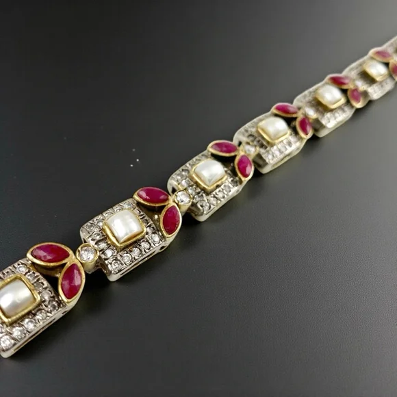 Vintage Mughal Revival Bracelet, Natural Ruby Pearl Diamond Gold Vermeil, Indian - Picture 5 of 11